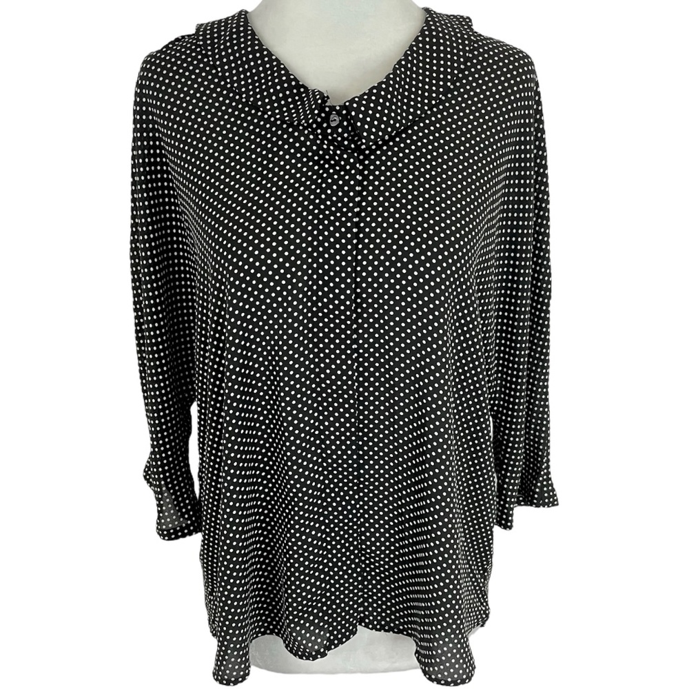 Zara Polka Dot Keyhole Back Collared Button Down Blouse Black White Size Small